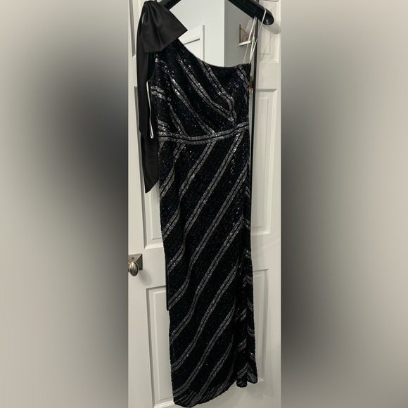 Marchesa Notte One-Shoulder Bow-Embellished Striped Sequined Tulle Gown - Picture 1 of 4